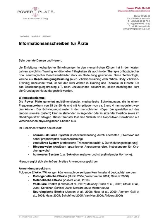 Power Plate Informationsschreiben für Ärzte